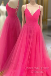 V Neck Hot Pink Backless Semi Formal Prom Dresses, Open Back Hot Pink Long Formal Dresses